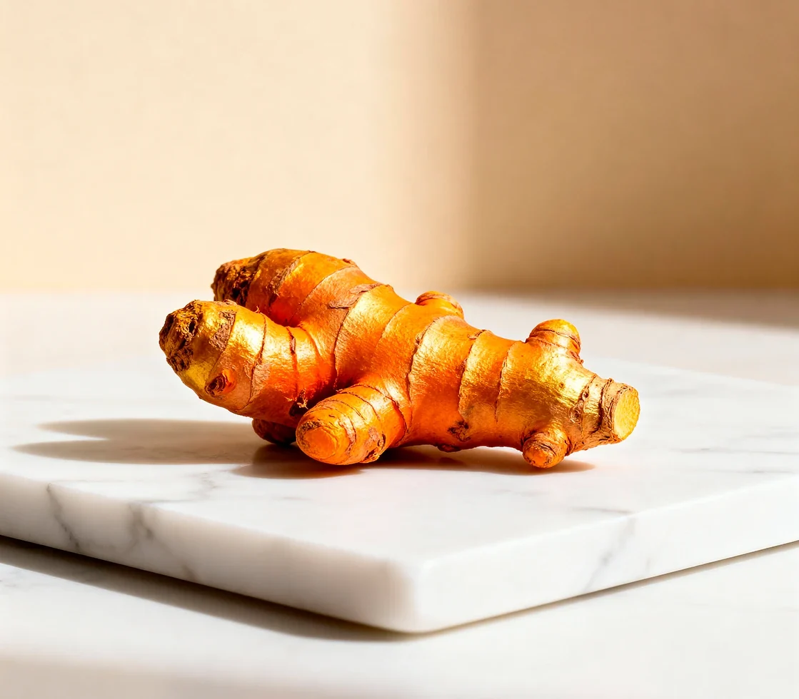 Fresh turmeric root on a marble board, the source of the curcumin in turmeric extract