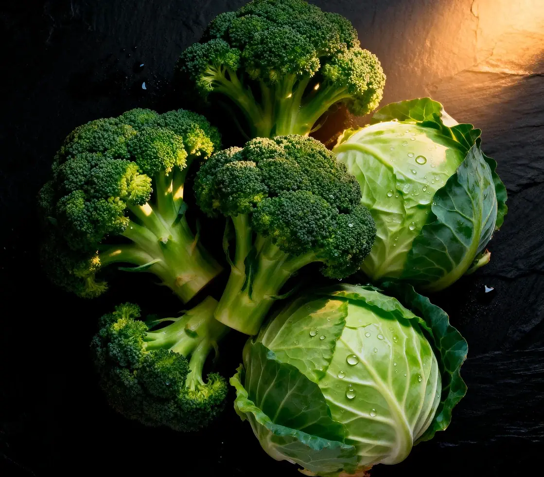 Broccoli and cabbage, cruciferous vegetables naturally rich in the organic sulfur found in MSM