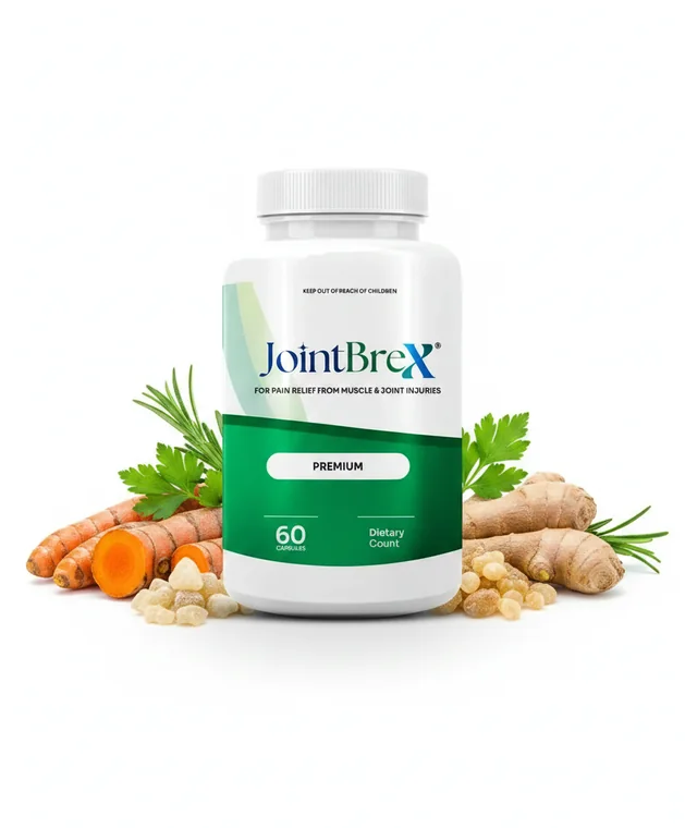 JointBrex joint-support capsule bottle surrounded by its ingredient sources: turmeric root, boswellia resin and ginger