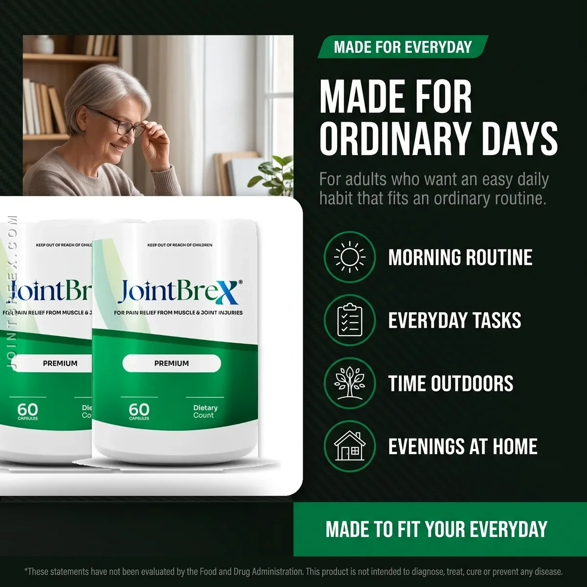 Who JointBrex is for: adults who want an easy daily joint-support habit for mornings, everyday tasks, time outdoors and evenings at home