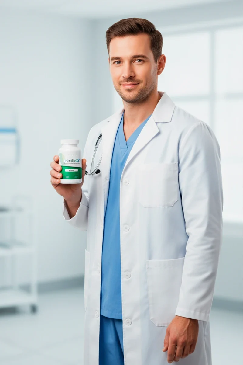 A JointBrex joint-support supplement bottle held in a clinical setting, illustrating a simple daily capsule routine