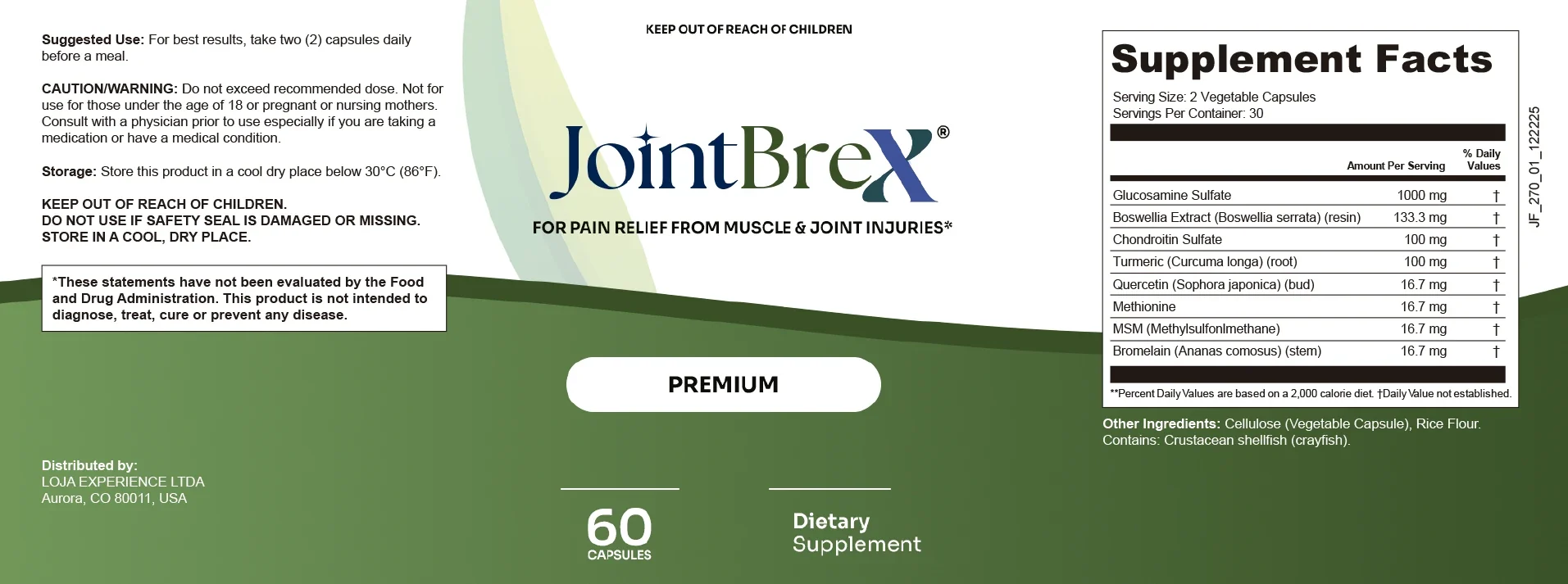 JointBrex Supplement Facts panel showing glucosamine sulfate 1000 mg, boswellia 133.3 mg, chondroitin 100 mg, turmeric 100 mg and quercetin, methionine, MSM and bromelain at 16.7 mg each