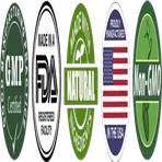 FDA-registered facility roundel, a statement about the factory