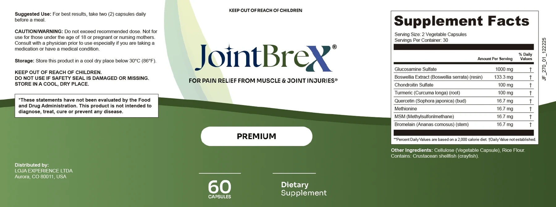 The full JointBrex label artwork showing directions, caution, storage, the Supplement Facts box, the other ingredients and the allergen line